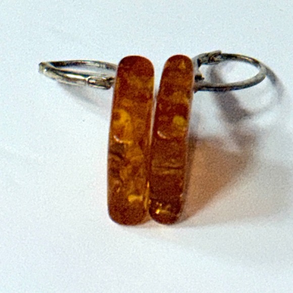 Vintage Natural Amber Square Dangle Earrings Leverback Silver Gemstone Jewelry - Picture 5 of 16